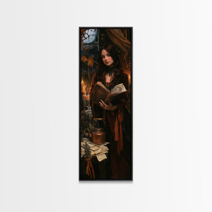 The Living Spellbook, Antique Gothic Portrait, Tall Narrow Wall Art, Canvas Print, Gothic Wall Decor, Halloween Portrait Art