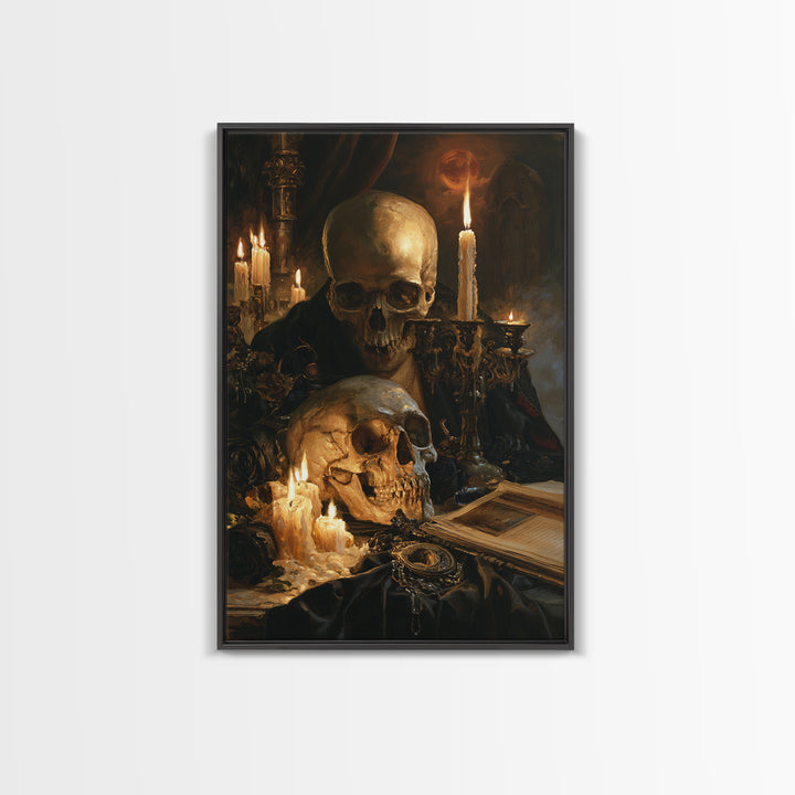 The Talking Skull, Dark Academia Wall Art, Vertical Wall Art, Framed Canvas Print, Gothic Wall Decor, Halloween Portrait Art