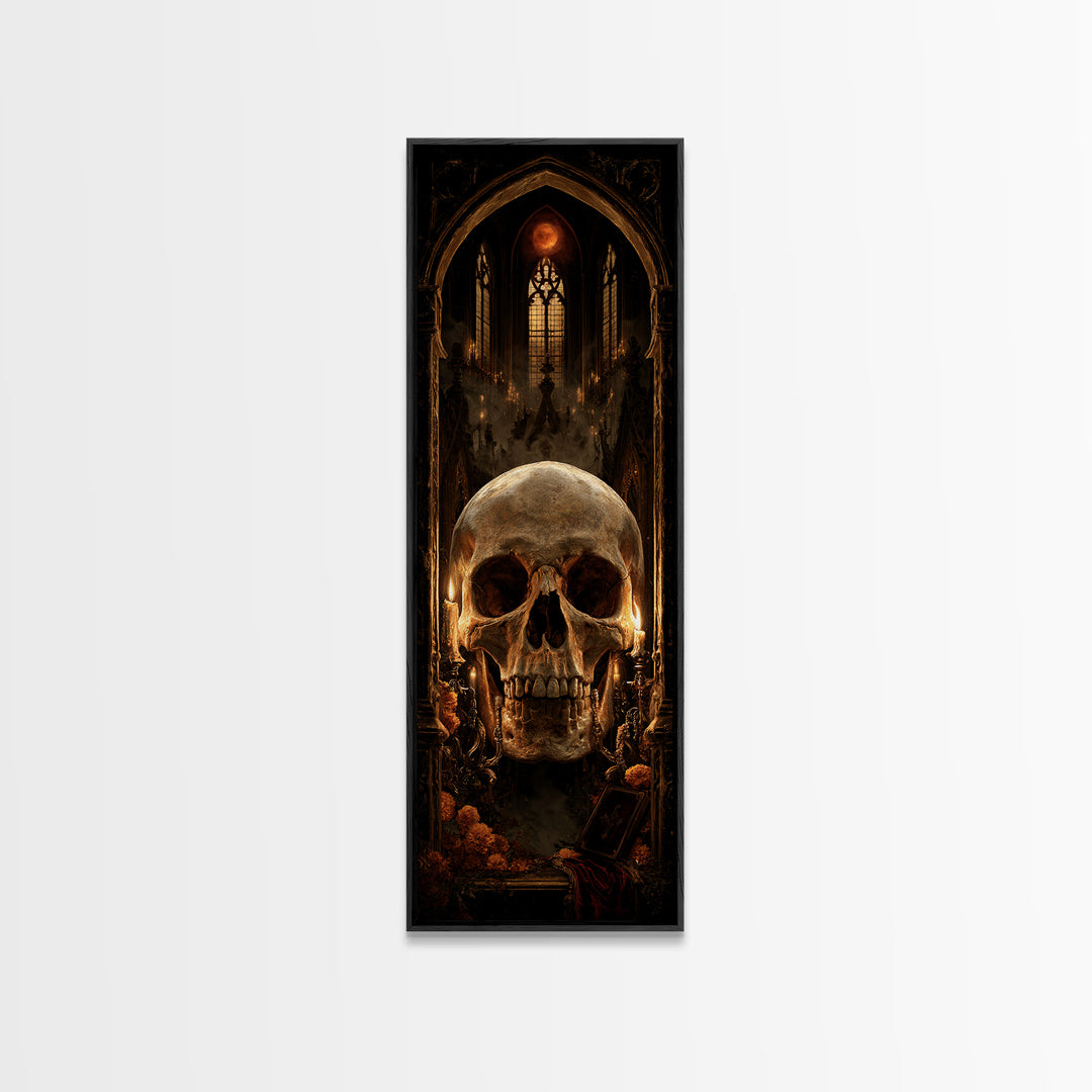 The Talking Skull, Dark Academia Wall Art, Tall Narrow Wall Art, Framed Canvas Print, Gothic Wall Decor, Halloween Portrait Art