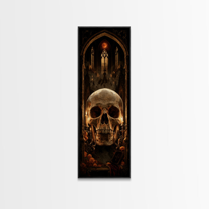 The Talking Skull, Dark Academia Wall Art, Tall Narrow Wall Art, Framed Canvas Print, Gothic Wall Decor, Halloween Portrait Art