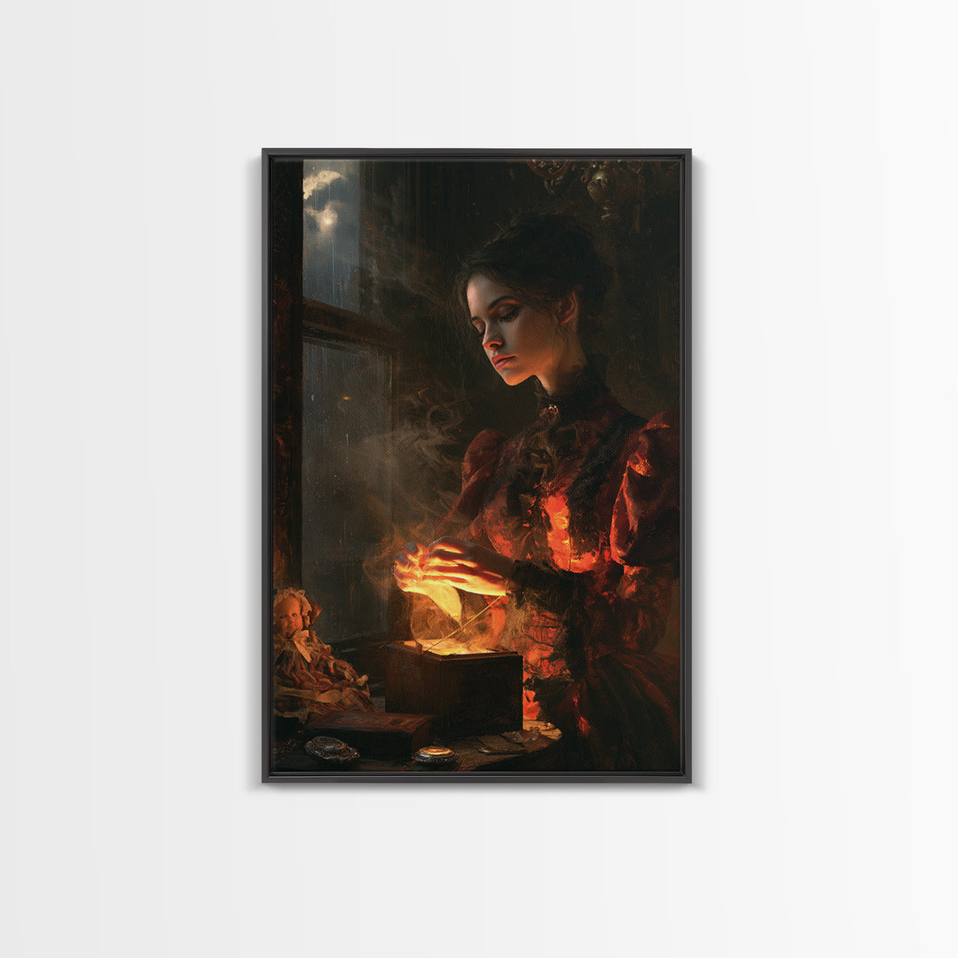 The Haunted Music Box, Victorian Horror Portrait, Vertical Wall Art, Framed Canvas Print, Gothic Wall Decor, Halloween Portrait Art