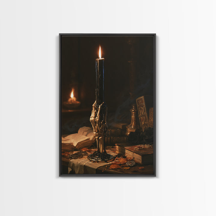 The Skeletal Hand Candleholder, Victorian Horror Portrait, Vertical Wall Art, Canvas Print, Gothic Wall Decor, Halloween Portrait Art