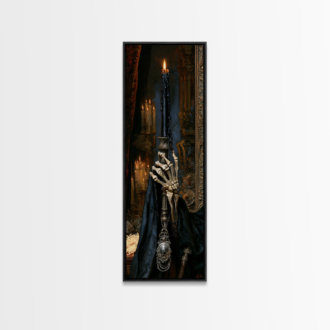 The Skeletal Hand Candleholder, Victorian Horror Portrait, Tall Narrow Wall Art, Framed Canvas Print, Gothic Wall Decor, Macabre Wall Art