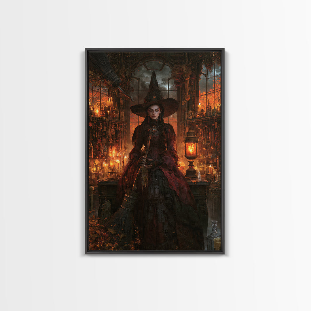 The Witch'S Broom, Dark Academia Wall Art, Vertical Wall Art, Framed Canvas Print, Gothic Wall Decor, Halloween Portrait Art