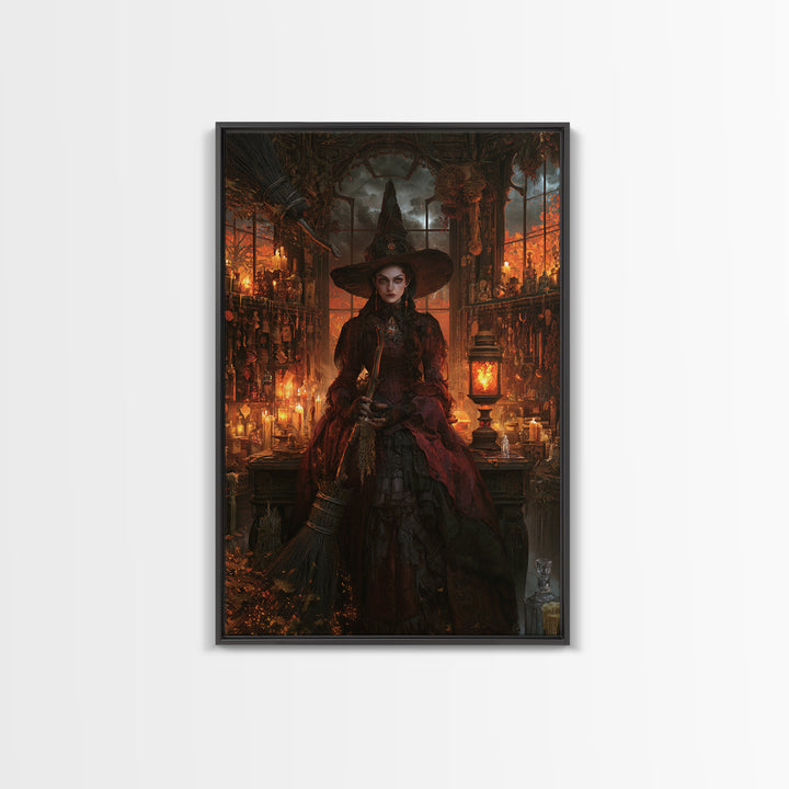 The Witch'S Broom, Dark Academia Wall Art, Vertical Wall Art, Framed Canvas Print, Gothic Wall Decor, Halloween Portrait Art