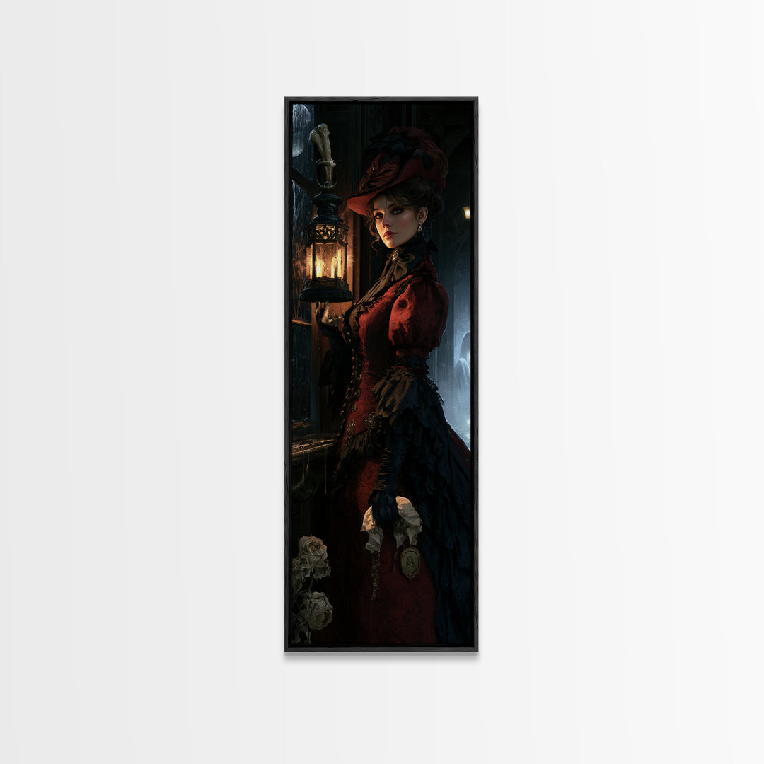 The Bone-Handled Lantern, Victorian Horror Portrait, Tall Narrow Wall Art, Framed Canvas Print, Gothic Wall Decor, Halloween Portrait Art