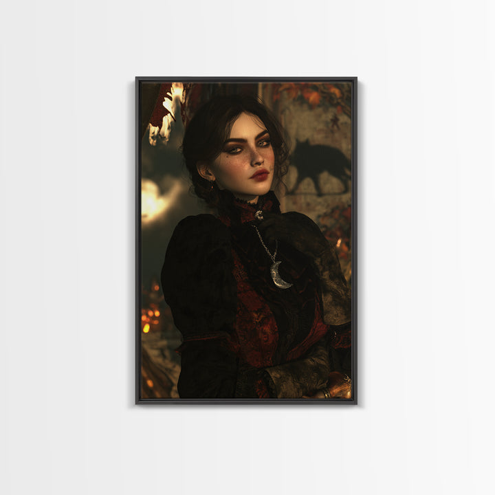 The Moonstone Amulet, Victorian Horror Portrait, Vertical Wall Art, Framed Canvas Print, Gothic Wall Decor, Halloween Portrait Art