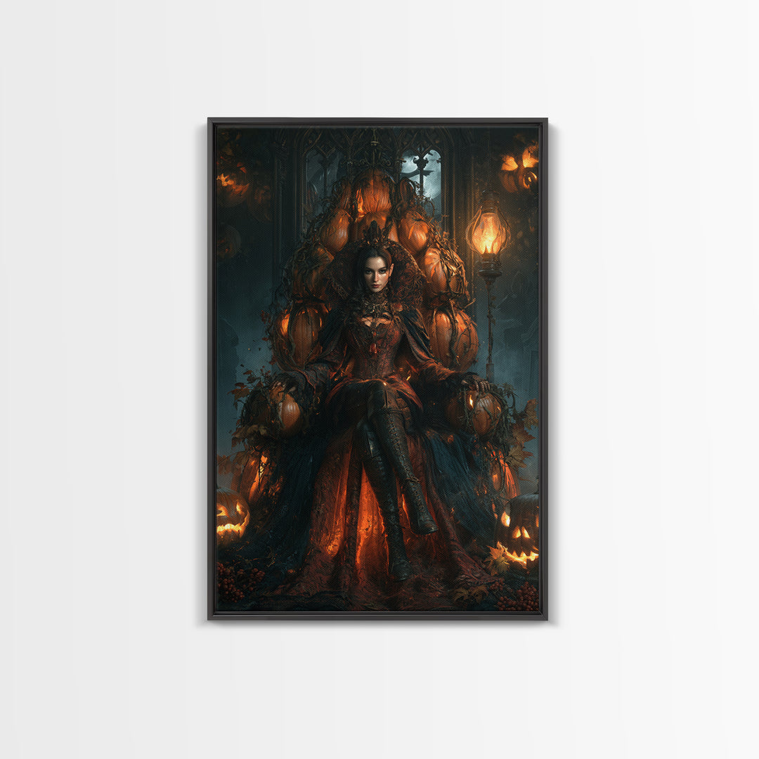 The Jack-O'-Lantern Throne, Victorian Horror Portrait, Vertical Wall Art, Framed Canvas Print, Gothic Wall Decor, Halloween Portrait Art