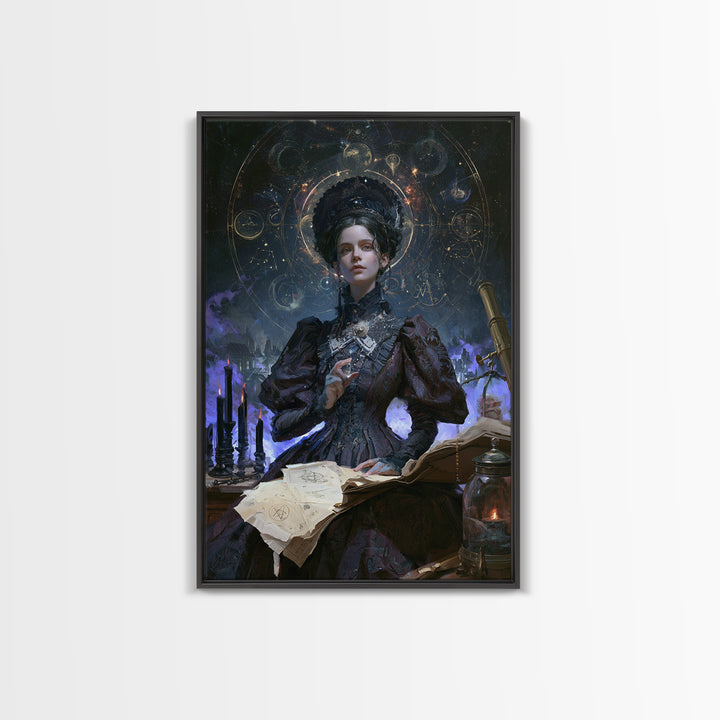 Celestial Witchcraft, Victorian Horror Portrait, Vertical Wall Art, Framed Canvas Print, Gothic Wall Decor, Halloween Portrait Art
