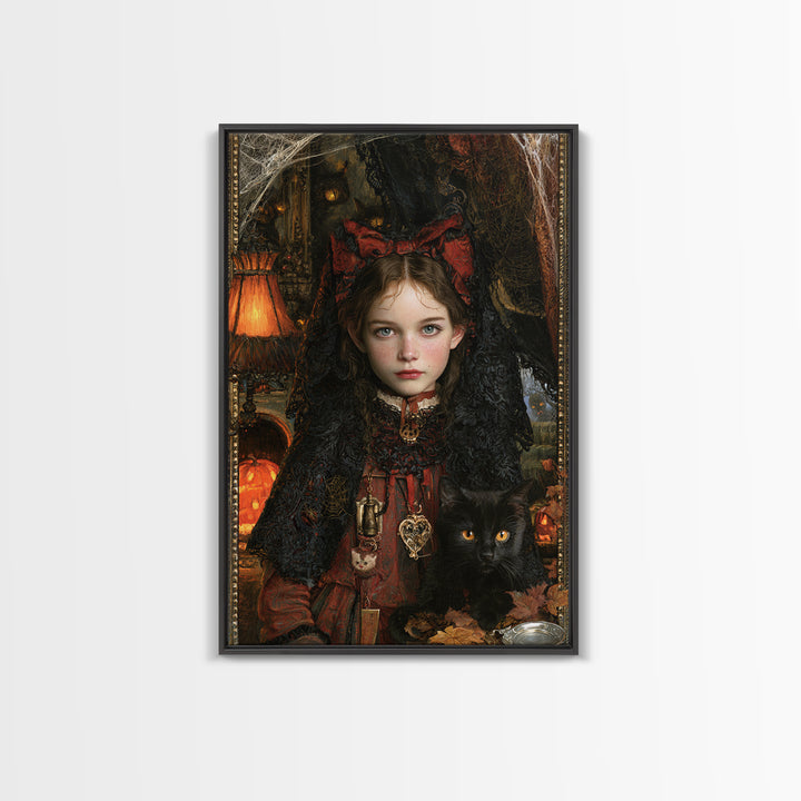 Black Lace And Cobwebs, Antique Gothic Portrait, Vertical Wall Art, Framed Canvas Print, Gothic Wall Decor, Halloween Portrait Art