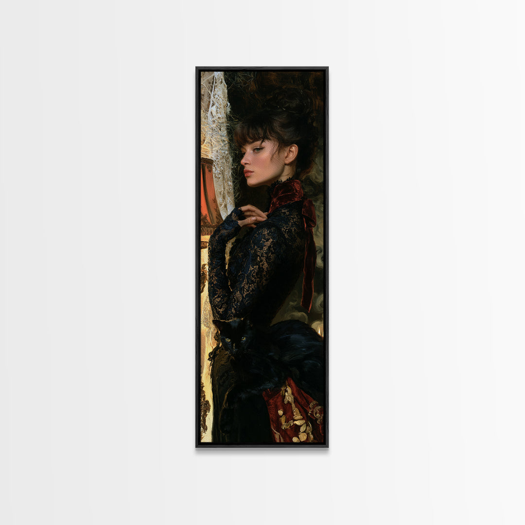 Black Lace And Cobwebs, Dark Academia Wall Art, Tall Narrow Wall Art, Framed Canvas Print, Gothic Wall Decor, Halloween Portrait Art