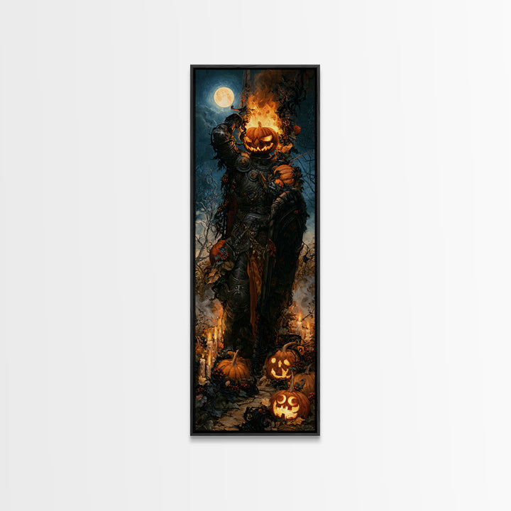 The Pumpkin Paladin, Victorian Gothic Art, Tall Narrow Wall Art, Framed Canvas Print, Gothic Wall Decor, Halloween Portrait Art