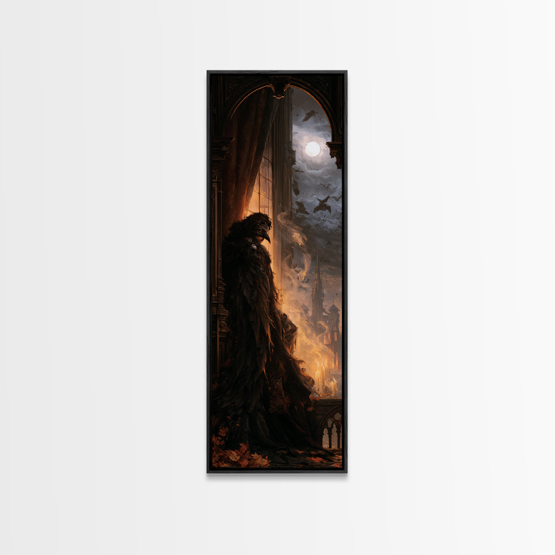 The Crow-Masked Assassin, Dark Academia Wall Art, Tall Narrow Wall Art, Canvas Print, Gothic Wall Decor, Halloween Portrait Art