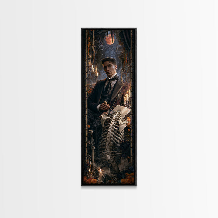 The Bone Sculptor, Macabre Victorian Decor, Tall Narrow Wall Art, Framed Canvas Print, Gothic Wall Decor, Halloween Portrait Art