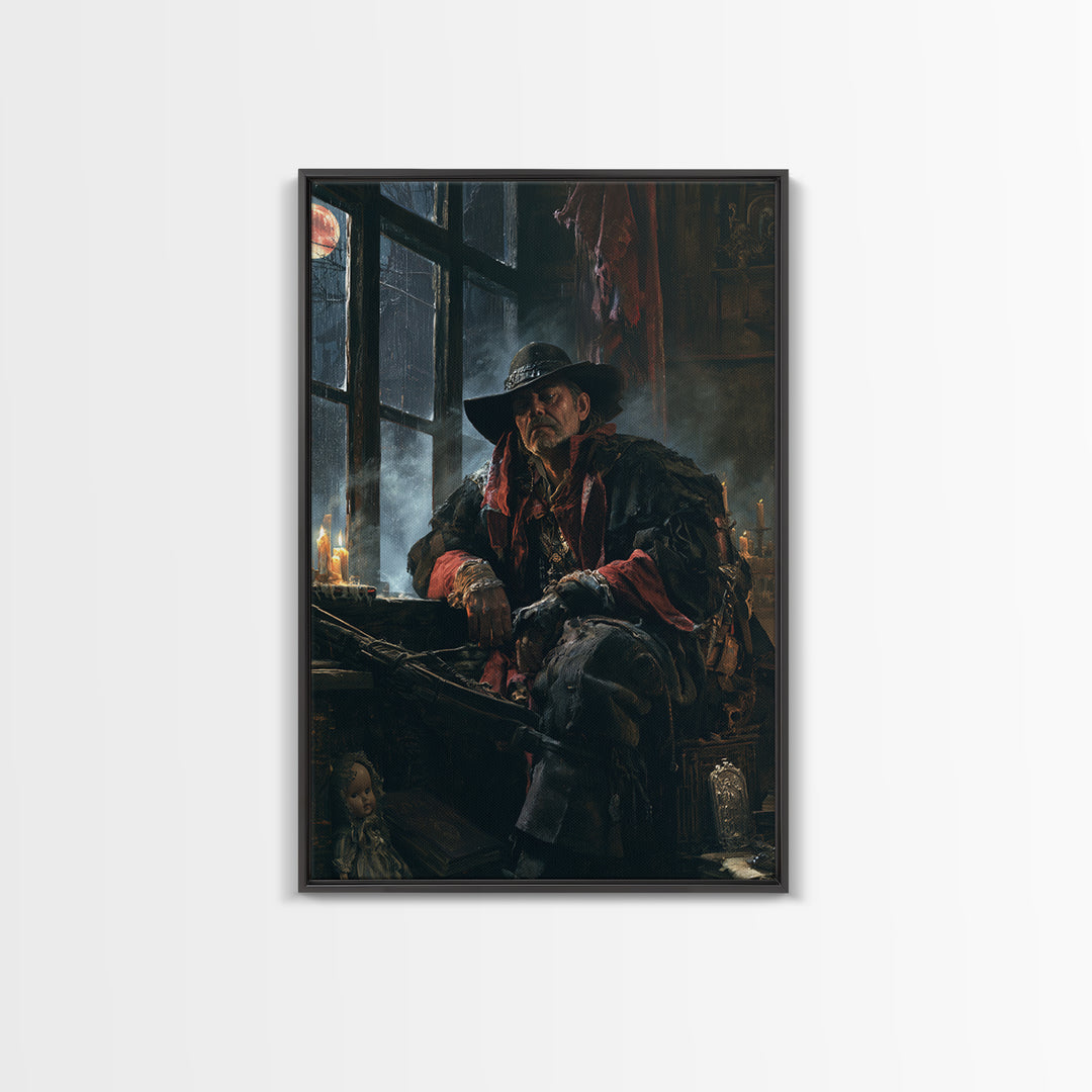 The Ghost Of The Witch Hunter, Macabre Victorian Decor, Vertical Wall Art, Framed Canvas Print, Gothic Wall Decor, Halloween Portrait Art