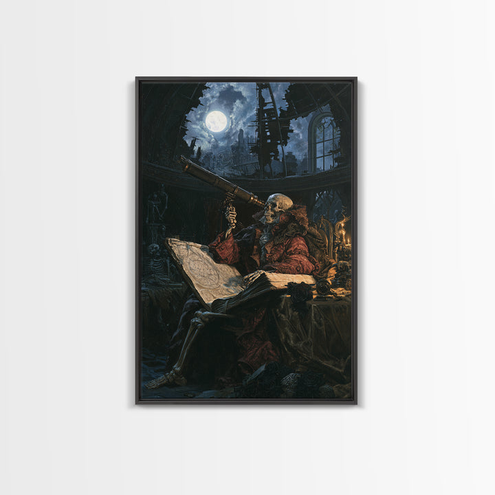 The Skull Astronomer, Victorian Horror Portrait, Vertical Wall Art, Framed Canvas Print, Gothic Wall Decor, Halloween Portrait Art