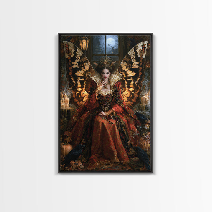 The Moth-Winged Empress, Antique Gothic Portrait, Vertical Wall Art, Framed Canvas Print, Gothic Wall Decor, Halloween Portrait Art