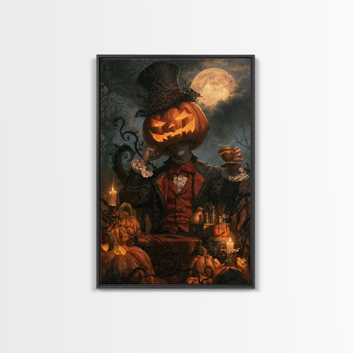 The Pumpkin-Headed Tea Merchant, Victorian Gothic Art, Vertical Wall Art, Framed Canvas Print, Gothic Wall Decor, Halloween Portrait Art