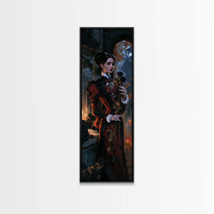 The Vampire Florist, Macabre Victorian Decor, Tall Narrow Wall Art, Canvas Print, Gothic Wall Decor, Halloween Portrait Art