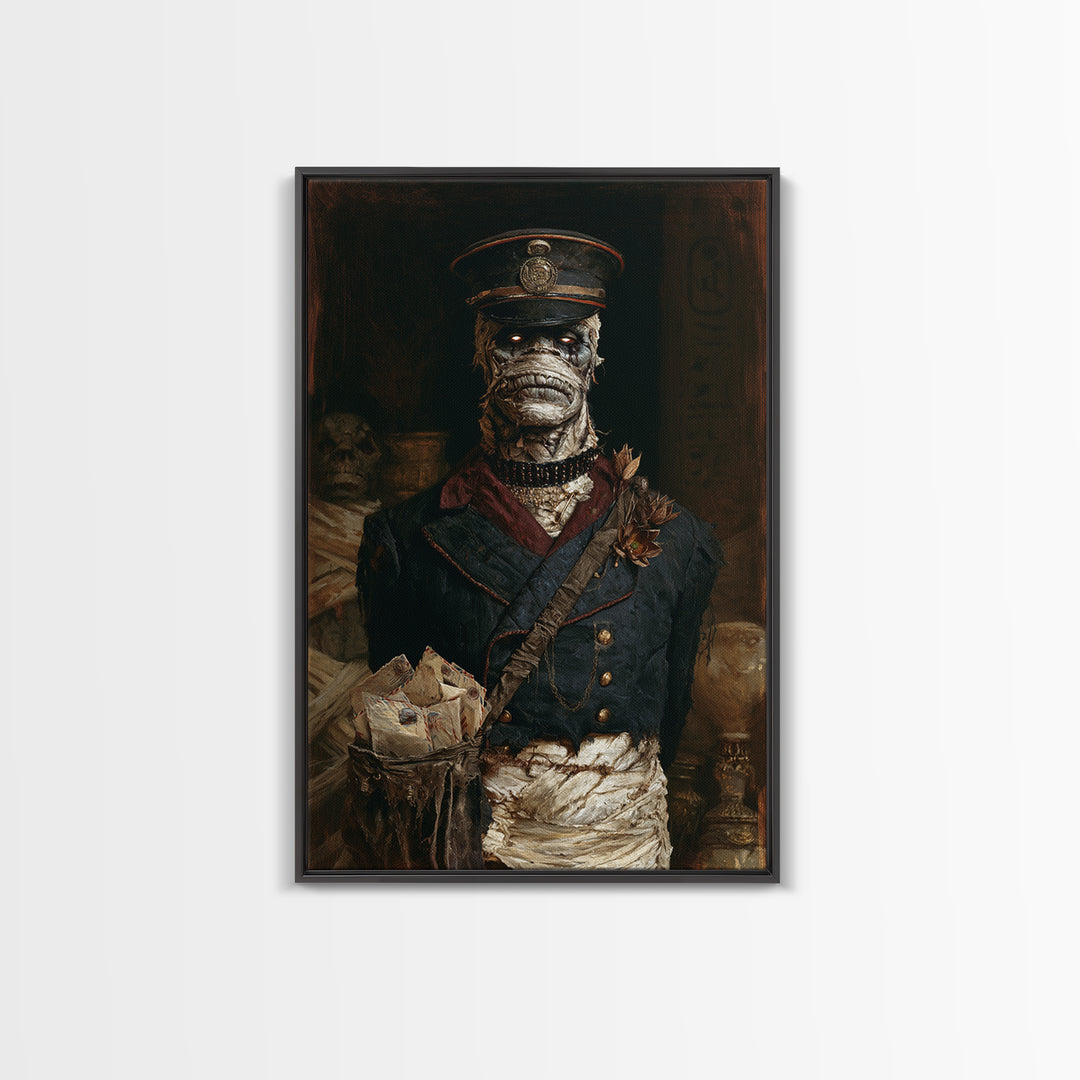 The Mummy Mail Carrier, Dark Academia Wall Art, Vertical Wall Art, Framed Canvas Print, Gothic Wall Decor, Halloween Portrait Art