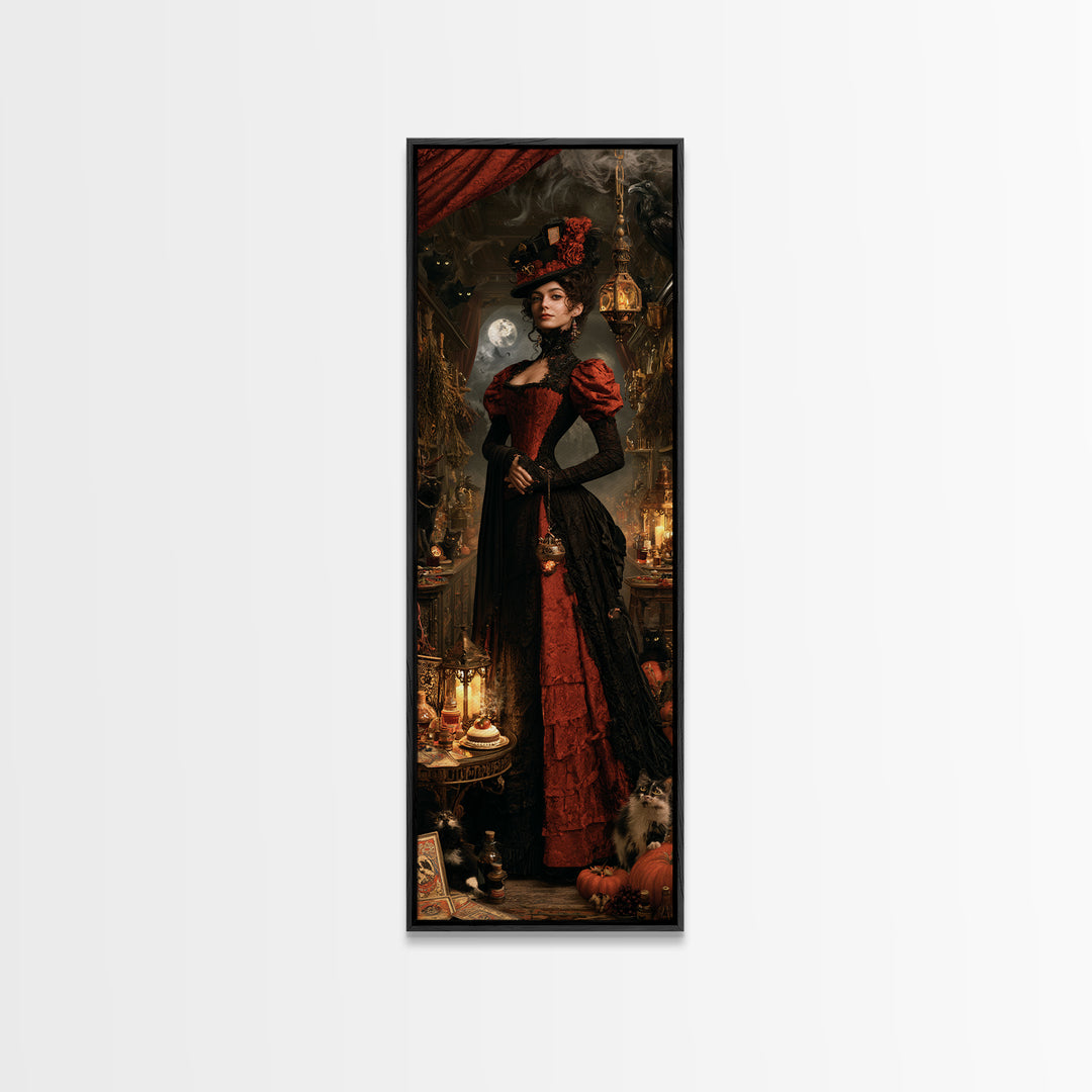 The Witch'S Cat Cafe, Dark Academia Wall Art, Tall Narrow Wall Art, Canvas Print, Gothic Wall Decor, Halloween Portrait Art, Halloween Decor