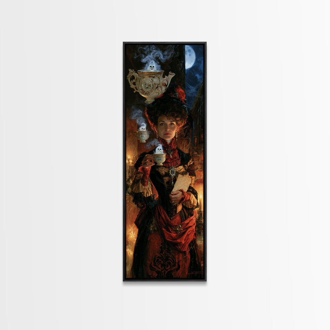 Tiny Ghosts In Teacups, Antique Gothic Portrait, Tall Narrow Wall Art, Canvas Print, Gothic Wall Decor, Halloween Portrait Art