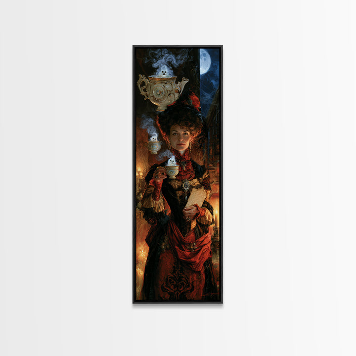 Tiny Ghosts In Teacups, Antique Gothic Portrait, Tall Narrow Wall Art, Canvas Print, Gothic Wall Decor, Halloween Portrait Art