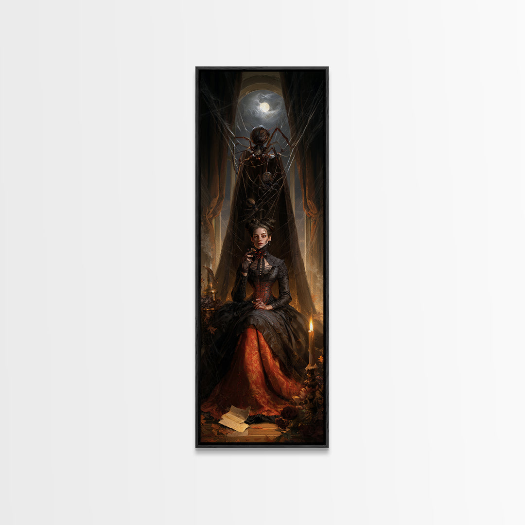 The Spider Sewing Circle, Victorian Horror Portrait, Tall Narrow Wall Art, Framed Canvas Print, Gothic Wall Decor, Halloween Portrait Art
