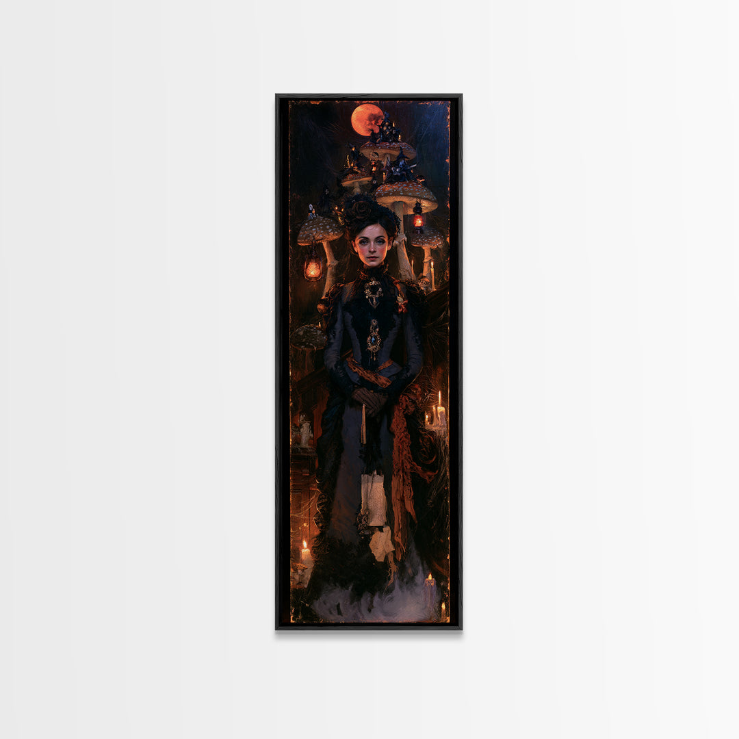The Moonlit Mushroom Village, Macabre Victorian Decor, Tall Narrow Wall Art, Framed Canvas Print, Gothic Wall Decor, Halloween Portrait Art