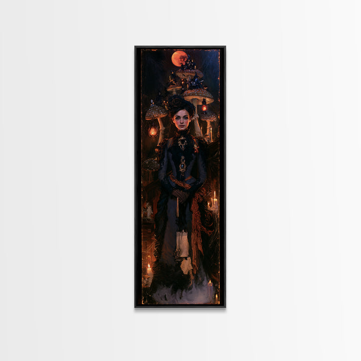 The Moonlit Mushroom Village, Macabre Victorian Decor, Tall Narrow Wall Art, Framed Canvas Print, Gothic Wall Decor, Halloween Portrait Art