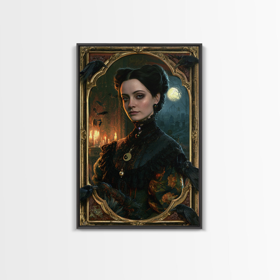 The Raven Post Office, Victorian Horror Portrait, Vertical Wall Art, Framed Canvas Print, Gothic Wall Decor, Halloween Portrait Art