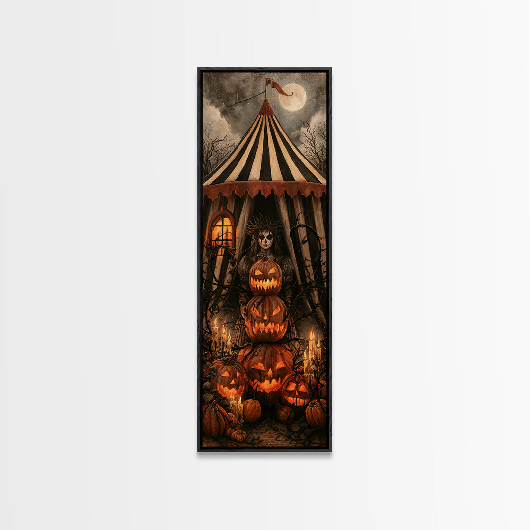 The Jack-O'-Lantern Circus, Macabre Victorian Decor, Tall Narrow Wall Art, Framed Canvas Print, Gothic Wall Decor, Halloween Portrait Art