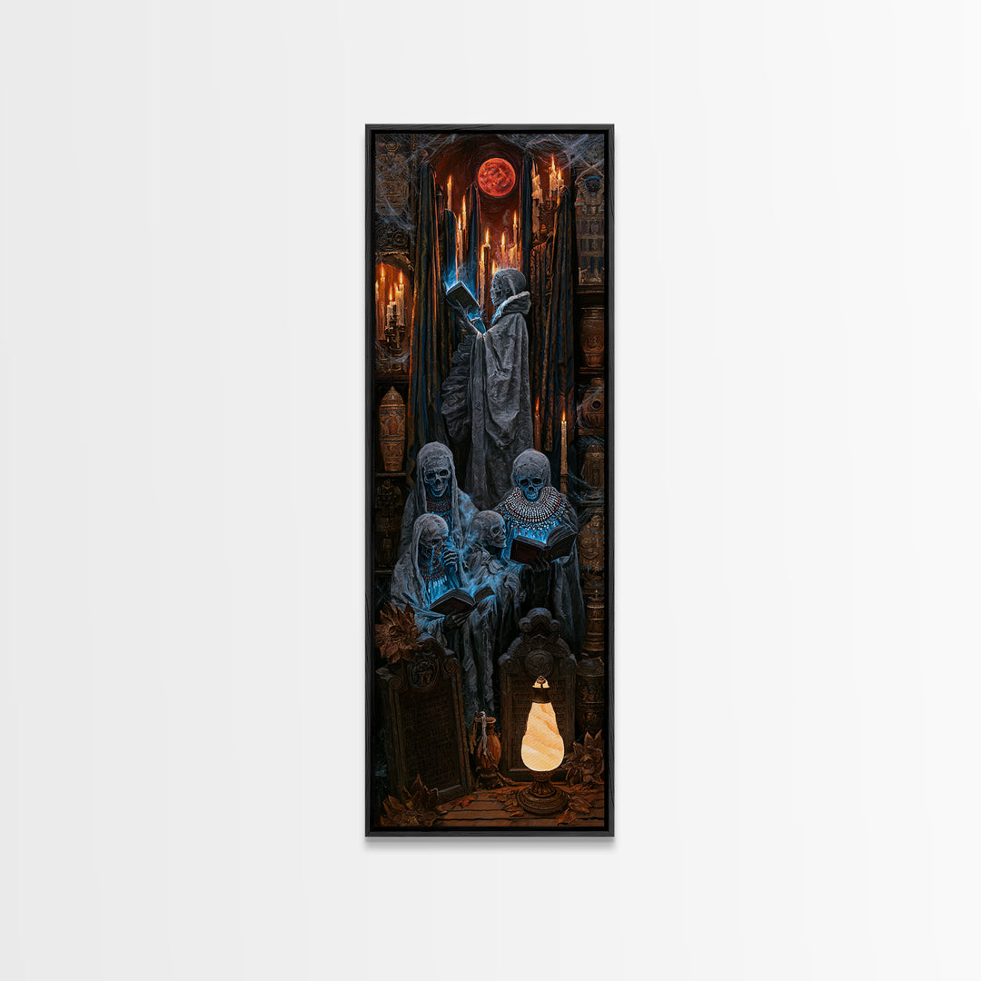 The Graveyard Book Club, Antique Gothic Portrait, Tall Narrow Wall Art, Framed Canvas Print, Gothic Wall Decor, Halloween Portrait Art