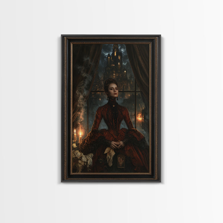 The Haunted City Skyline, Victorian Gothic Art, Vertical Wall Art, Framed Canvas Print, Gothic Wall Decor, Halloween Portrait Art