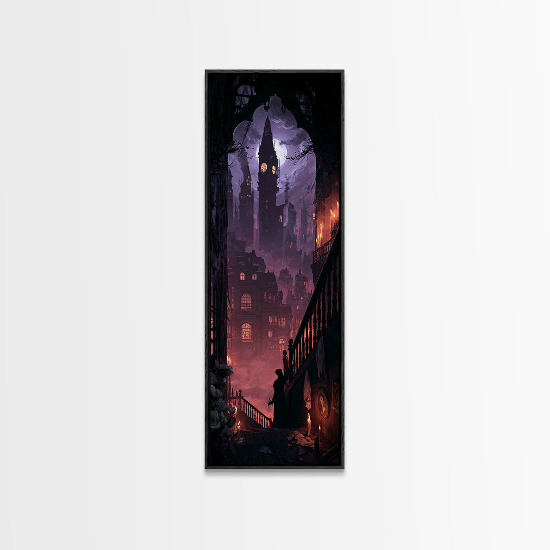 The Haunted City Skyline, Dark Academia Wall Art, Tall Narrow Wall Art, Framed Canvas Print, Gothic Wall Decor, Halloween Portrait Art