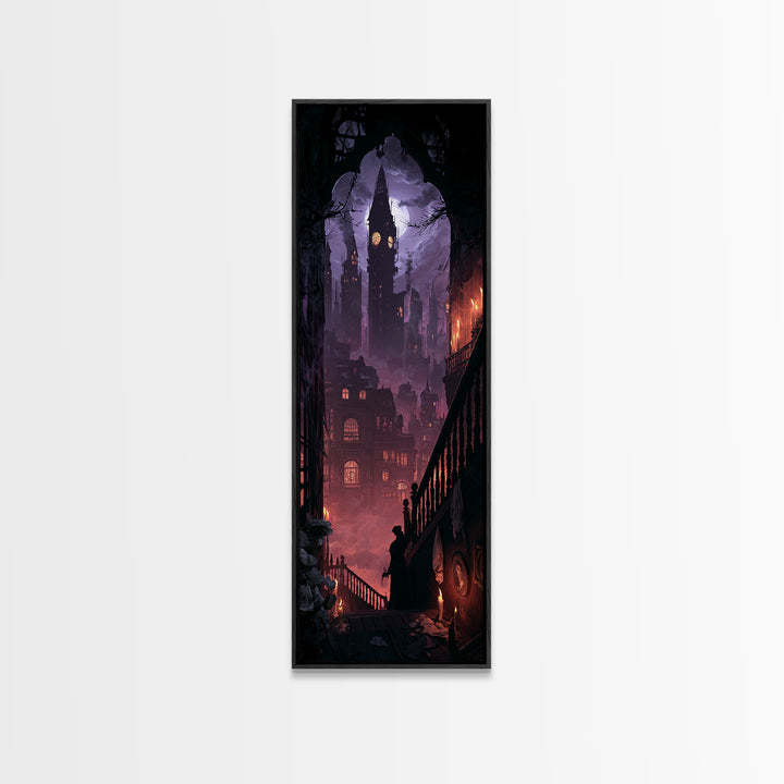The Haunted City Skyline, Dark Academia Wall Art, Tall Narrow Wall Art, Framed Canvas Print, Gothic Wall Decor, Halloween Portrait Art