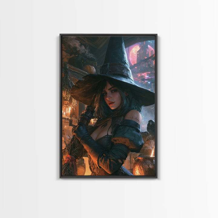 The Cyberpunk Witch, Dark Academia Wall Art, Vertical Wall Art, Canvas Print, Gothic Wall Decor, Halloween Portrait Art, Halloween Decor
