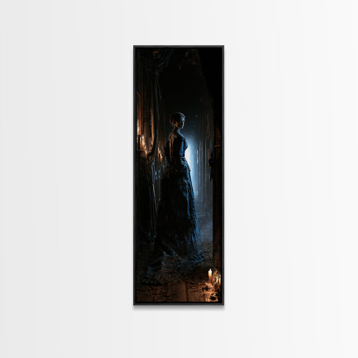 The Infinite Hallway, Dark Academia Wall Art, Tall Narrow Wall Art, Framed Canvas Print, Gothic Wall Decor, Halloween Portrait Art