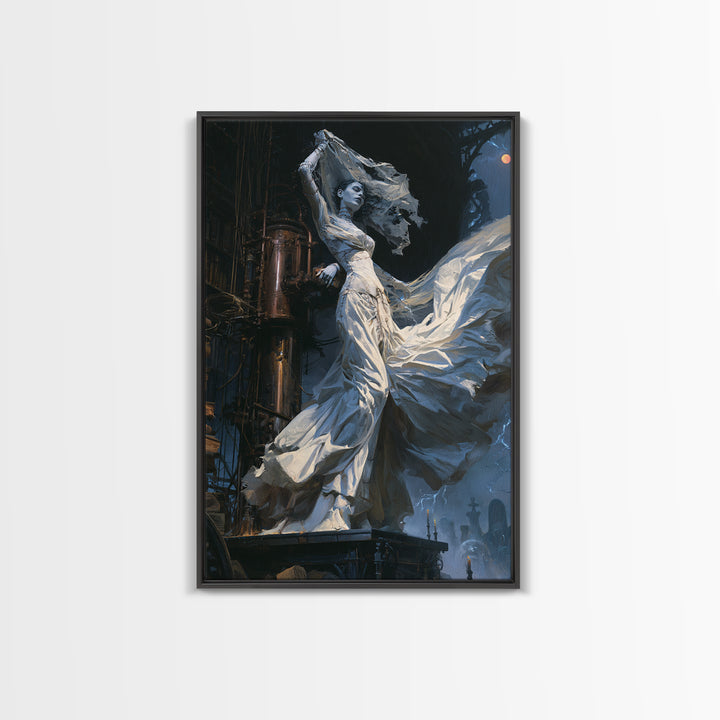 The Stitched Bride Of Thunder Hall, Antique Gothic Portrait, Vertical Wall Art, Framed Canvas Print, Gothic Wall Decor, Halloween Decor