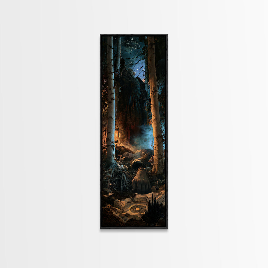 The Sleeper In The Birch Grove, Lovecraftian Portrait Art, Tall Narrow Wall Art, Framed Canvas Print, Gothic Wall Decor, Macabre Wall Art