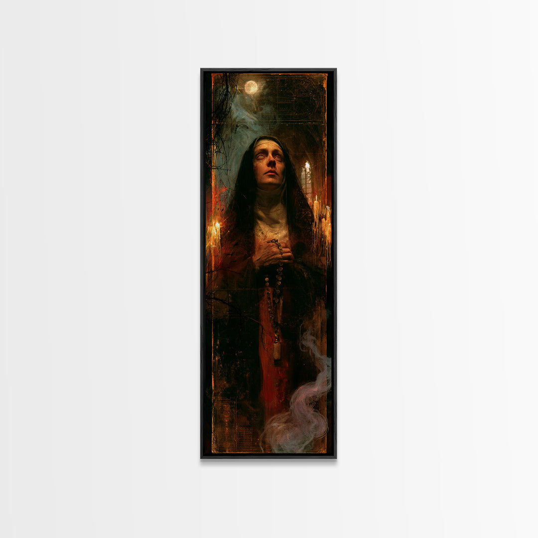 The Nun Of The Endless Constellation, Macabre Victorian Decor, Tall Narrow Wall Art, Framed Canvas Print, Gothic Wall Decor