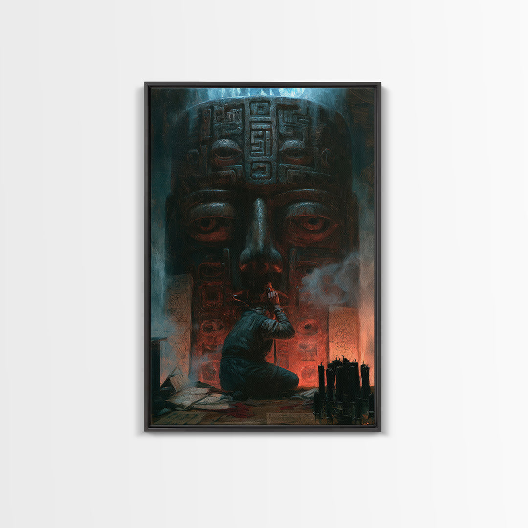 The Custodian Of The Whispering Idol, Victorian Horror Portrait, Vertical Wall Art, Framed Canvas Print, Gothic Wall Decor