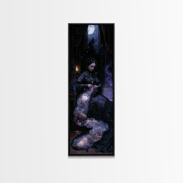 The Seamstress Of Living Nebulae, Victorian Cosmic Horror, Tall Narrow Wall Art, Framed Canvas Print, Gothic Wall Decor
