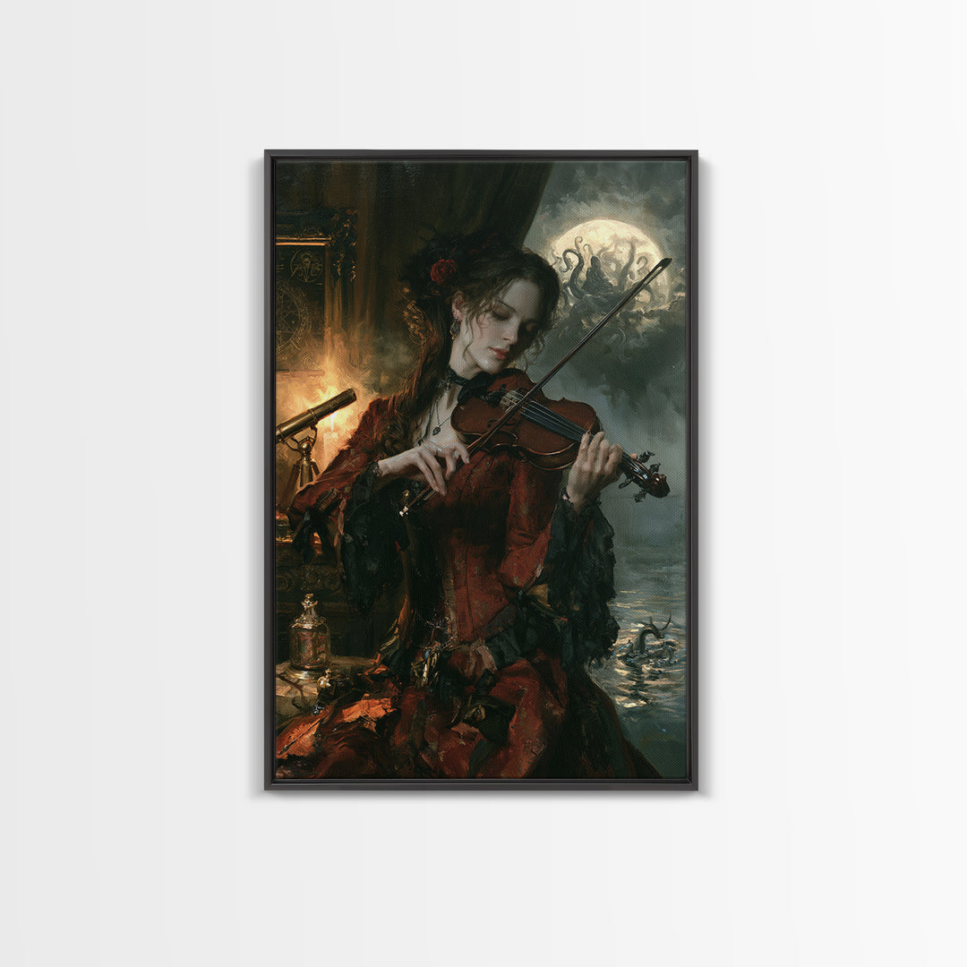 The Violinist Of The Drowned Moon, Victorian Horror Portrait, Vertical Wall Art, Framed Canvas Print, Gothic Wall Decor