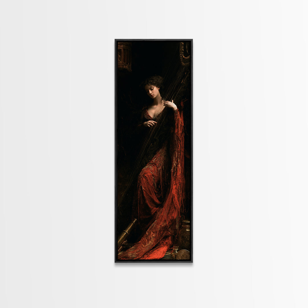 The Harpist Of Abyssal Sleep, Victorian Gothic Art, Tall Narrow Wall Art, Canvas Print, Gothic Wall Decor, Halloween Portrait Art