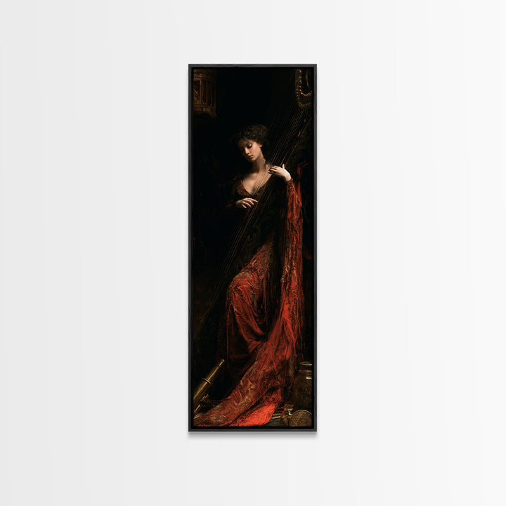 The Harpist Of Abyssal Sleep, Victorian Gothic Art, Tall Narrow Wall Art, Canvas Print, Gothic Wall Decor, Halloween Portrait Art