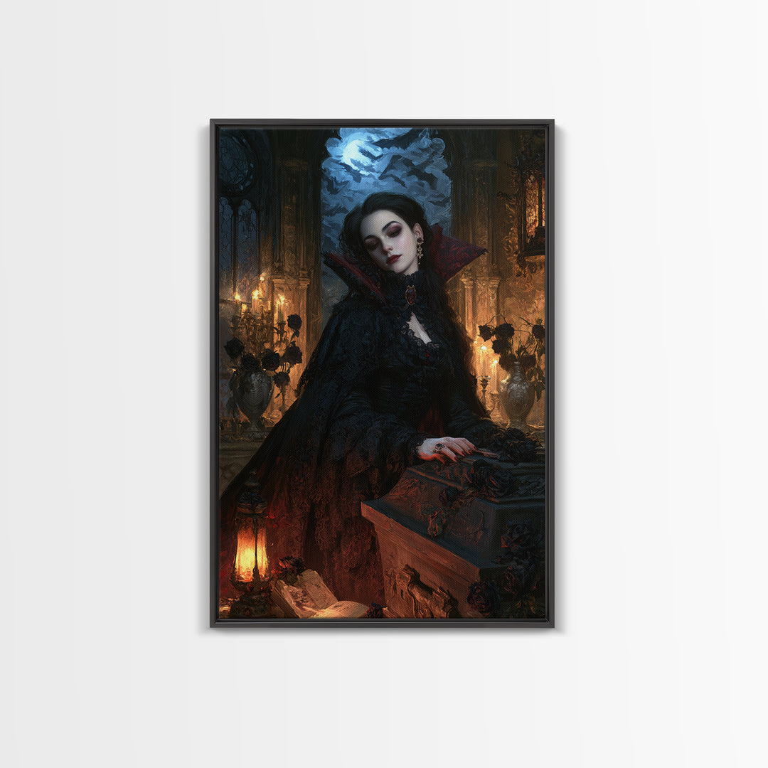 The Rose-Coffin Countess, Victorian Vampire Portrait, Vertical Canvas Print, Classic Halloween Decor, Canvas Print, Classic Monster Art