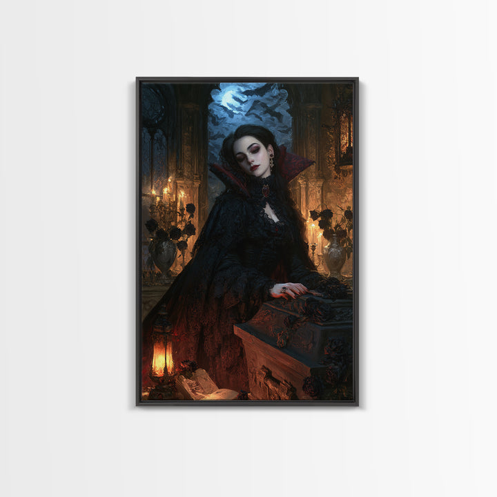 The Rose-Coffin Countess, Victorian Vampire Portrait, Vertical Canvas Print, Classic Halloween Decor, Canvas Print, Classic Monster Art