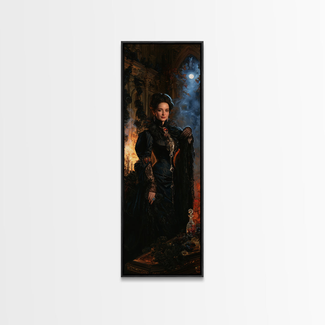 The Rose-Coffin Countess, Victorian Vampire Portrait, Tall Narrow Canvas Print, Macabre Home Decor, Gothic Wall Decor, Classic Monster Art