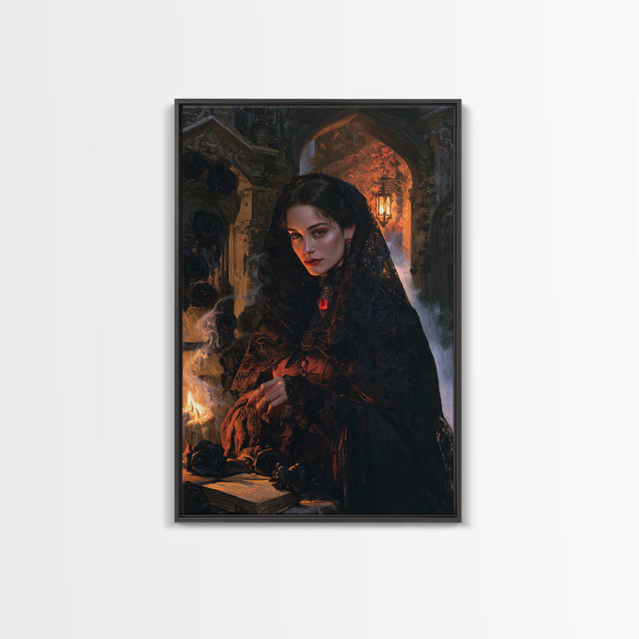 The Widow Of Black Veils, Victorian Vampire Portrait, Vertical Canvas Print, Classic Halloween Decor, Gothic Wall Decor, Classic Monster Art